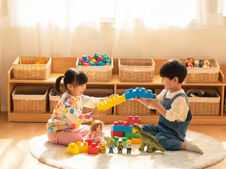 Children sharing Duplo blocks in a play corner